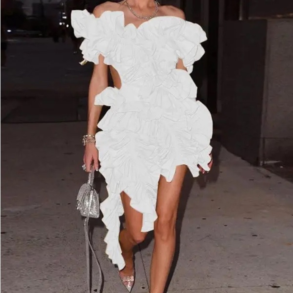 Elegant Ruffle Statement Mini Dress – Off-Shoulder Layered Halter Cocktail Dress - Picture 11 of 13